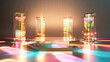 retro futuristic podium with iridescent and gold disco lights, aesthetic vibes