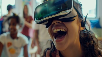 Wall Mural - Close-up of a student's excited face as they explore virtual worlds through a VR headset, with the teacher supervising nearby.