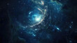A galaxy with a spiral shape and a blue center. The stars are scattered throughout the galaxy, and the sky is dark
