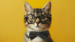 Alert kitten with stylish glasses is featured, its face covertly hidden, set against a lively yellow backdrop