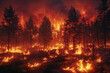 A dramatic and intense scene of roaring flames consuming a forest at dusk, with violent fire spreading across the trees