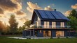 Visualize sustainability, solar panels on a detached home, framed by a beautiful sky, symbolizing eco-friendly living.
