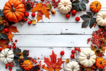 Poster - Festive autumn decor from pumpkins, berries and leaves on a white wooden background. Concept of Thanksgiving day or Halloween. 