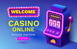Casino 777 banner slots machine winner, jackpot fortune of luck. Vector illustration