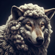 A wolf with a sheep's wool on its head. The wolf has a sheepish look on its face