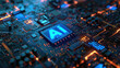 Close-up view of an AI (Artificial Intelligence) chip centrally placed on a highly detailed circuit board with glowing neon light connections