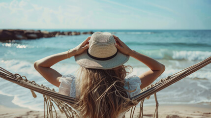 A serene woman relaxing in a hammock on a sunny beach, her hat adding to the idyllic and calm summer day vibes