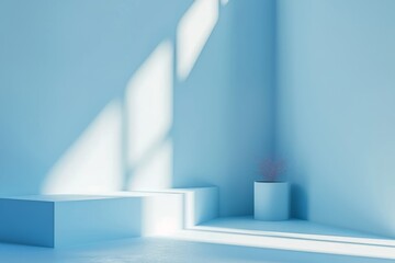 Canvas Print -  Light soft minimal background mockup for product presentation. Corner of room with shadows from different angles delicate light blue color. 