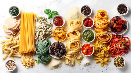 assortment of colorful italian pasta with signature sauces, served in white and red bowls, accompanied by a yellow noodle and a red tomato