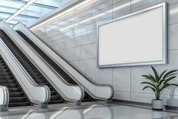 Wall Mural -  Blank horizontal big poster in public place. Billboard mockup near to escalator in an mall, shopping center, airport terminal, office building or subway station. 3D rendering. 