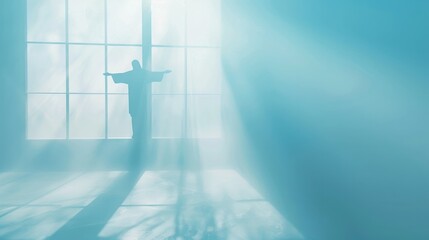 Canvas Print - Silhouette of Jesus in worship standing in a room with large windows.