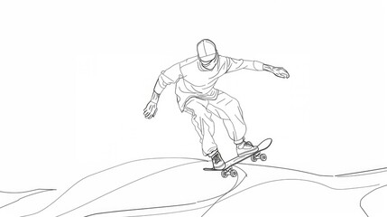 Olympic Sports. Skateboarding. Skateboarder in action, extreme sport. Vector illustration. Continuous line drawing. 