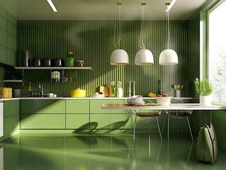 Green kitchen room and minimalist interior design on mockup wood slat wall.