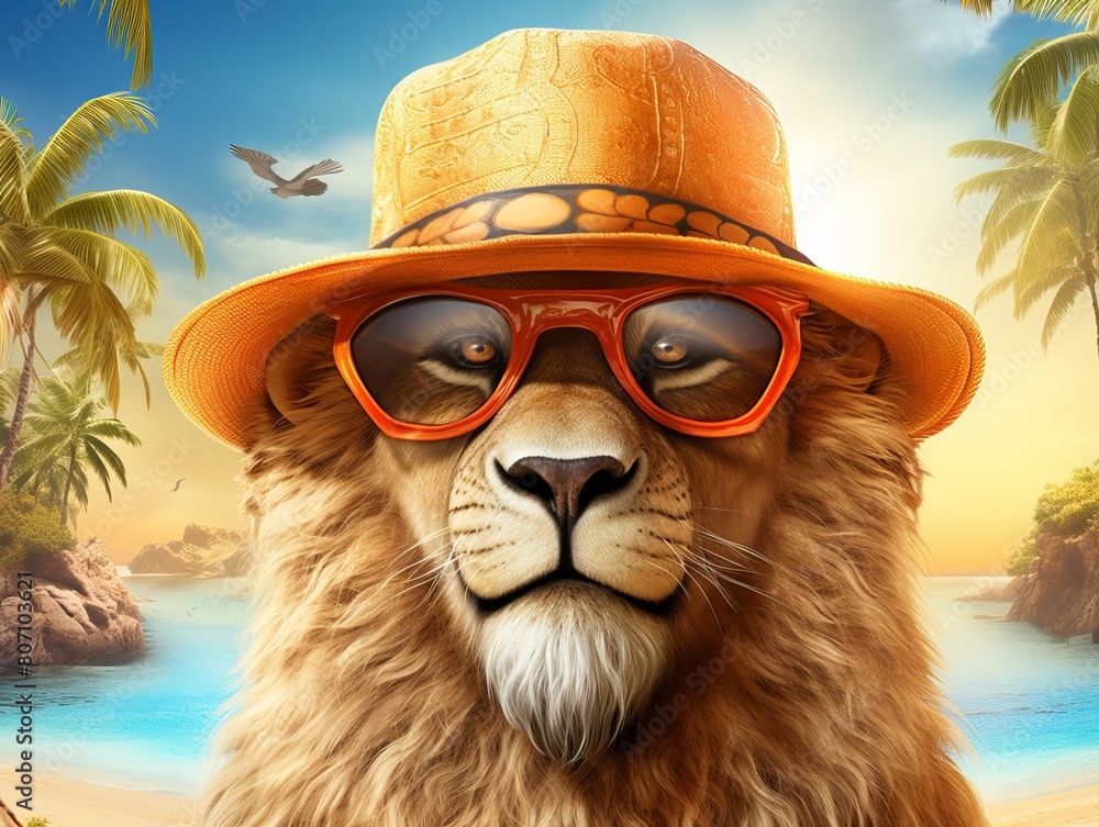 Here is a photo of a lion wearing a hat and sunglasses, relaxing on a ...
