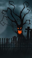 Wall Mural - vertical halloween animated scary tree silhouette background 4k loop features a landscape with a cem