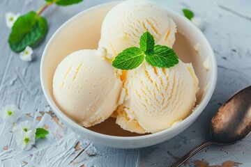 Canvas Print - Vanilla Ice Cream with Mint in bowl Homemade Organic product Top view 