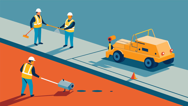 The precision of laserguided screeds ensuring the concrete is perfectly level as workers meticulously maneuver the machinery.. Vector illustration