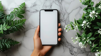 Wall Mural - Smartphone mockup view top screen woman hand holds a blank white screen phone created