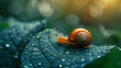 Photo realistic depiction of a snail trail on a foggy morning, showcasing the slow life of nature as a snail crosses a leaf, its glistening trail representing the tranquility of the early morning ligh