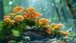 Vibrant and diverse fungi thriving on a decaying log, illustrating the vivid nature recycling process - Photorealistic concept