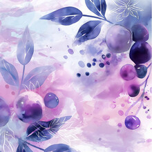 Watercolor Background With Berries, Purple Leaves And Fruits, Background Used For Cards, For Invitation Or Congratulation With Copy Space