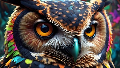 Colorful owl with a big eye and a black beak is shown in this artistic photograph of an owl