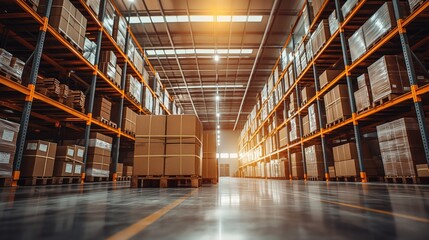 Close up photo of large logistic business transport warehouse indoors with boxes and palletes ready for transportation low angle photo