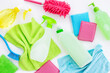 Cleaning set for different surfaces in bathroom or kitchen. House cleaning concept