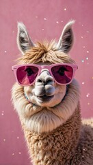 Wall Mural - Witness the irresistible cuteness of a lama alpaca donning stylish pink sunglasses against a whimsical pink background, evoking a sense of fun and whimsy.