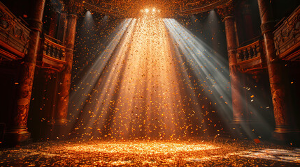 Gold and Yellow color rays glitter spotlights with elegant an empty stage abstract background