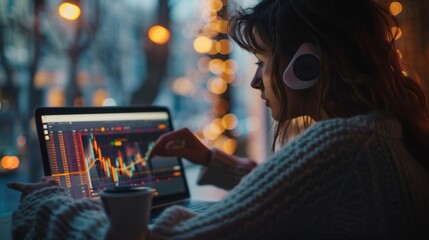 Leinwandbilder - A woman studying gold market trends and performance on a laptop screen with a cup of coffee, showcasing the integration of finance into daily life.
