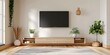 © RidoyDesigns - TV wall mounted with decoration in living room and white cement wall.
