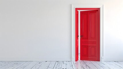 Canvas Print - Inward Opening Red Wooden Door on White Minimalist Interior Background