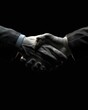 © Xyeppup - A dramatic 3D render of two business hands clasping in a firm handshake, set against a stark black background, symbolizing a sealed deal.