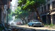 Illustration of a sunlit abandoned city street with overgrown buildings and vintage cars.