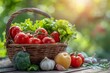basket with fresh vegetables on wooden table outdoors, harvest