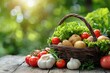 basket with fresh vegetables on wooden table outdoors, harvest, vegetable garden, organic food