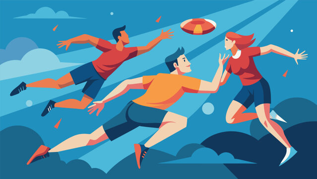 An intense game of ultimate frisbee reaching its as players jump and dive to catch the final frisbee throw.. Vector illustration