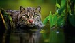 A close-up view of a cat, known as a Fishing Cat, wading through a body of water