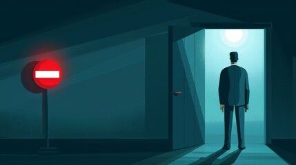 Wall Mural -   A man stands before a doorway Red light glowers at hall's end