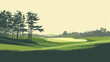 stylized illustration of a serene golf course with rolling hills and tall trees