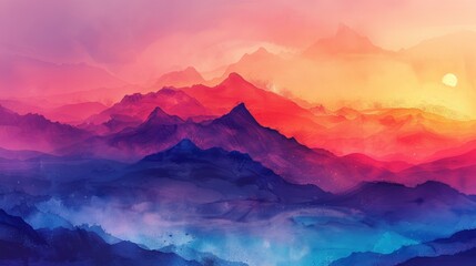 Wall Mural - A watercolor effect adds to the dreamy ambiance of a landscape painting featuring mountains in shades of pink and blue.
