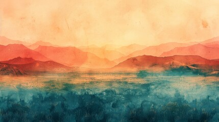 Wall Mural - With a watercolor effect, a dreamy landscape painting depicts mountains in shades of pink and blue.