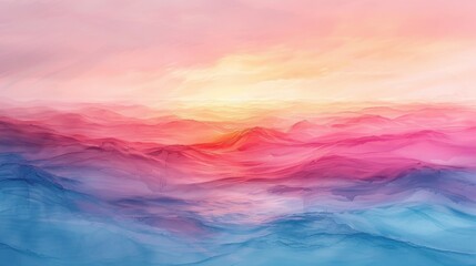 Wall Mural - A vibrant watercolor painting captures a sunset's warm and cool tones against stylized blue mountains.