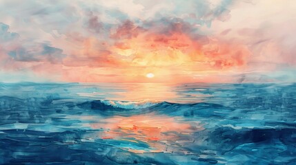 Wall Mural - Warm and cool tones blend in a vibrant watercolor painting depicting a sunset over stylized blue mountains.