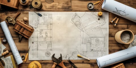 A detailed top view image showcasing vintage architectural blueprints with various design tools scattered