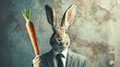Businessman wearing suit with rabbit animal head and hand holding carrot , Carrot and stick concept