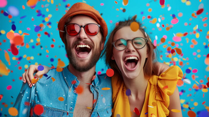 Couple laugh heartily as they celebrate under a shower of colorful confetti on blue background. Man and woman Enjoying the spirit of festivity and joy a Colorful Confetti Rain