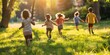 © gunzexx png and bg - A group of diverse children play joyously in a sunlit park, running across the grass in a scene full of life and energy