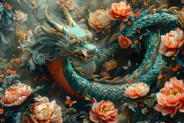 Regal dragon adorned by vibrant stylized floral composition, traditional Chinese art and cultural heritage